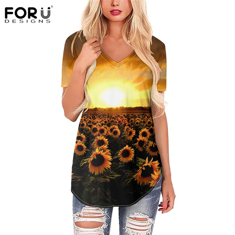 

FORUDESIGNS Sunshine Pattern Ladies Sunflowers Prints Fashion T Shirts Ladies Trendy Yellow Tops Casual Basic Blusas Mujer
