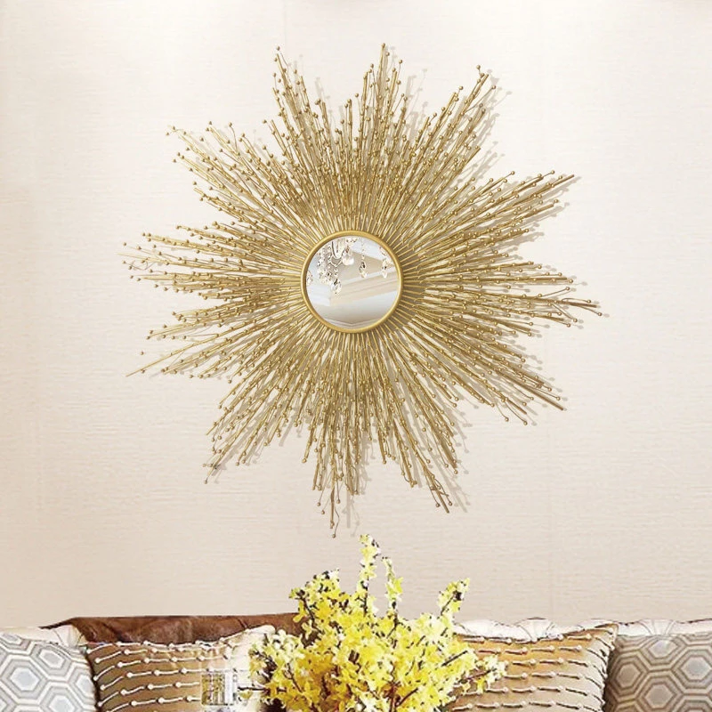 

Modern Wrought Iron Decorative Mirror Wall Hangings Sun Shape Crafts Decoration Hotel Home Livingroom Wall Sticker Ornaments Art