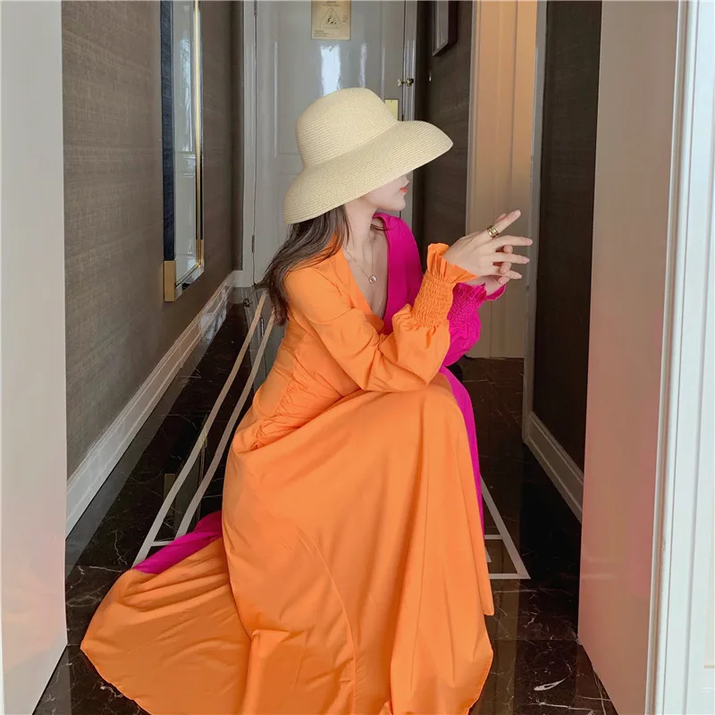 

Women Maxi Patchwork Colorful Dress Spring Summer 2021 Long Sleeve Runway Korean Casual Travel Vacation Party Vestidos New