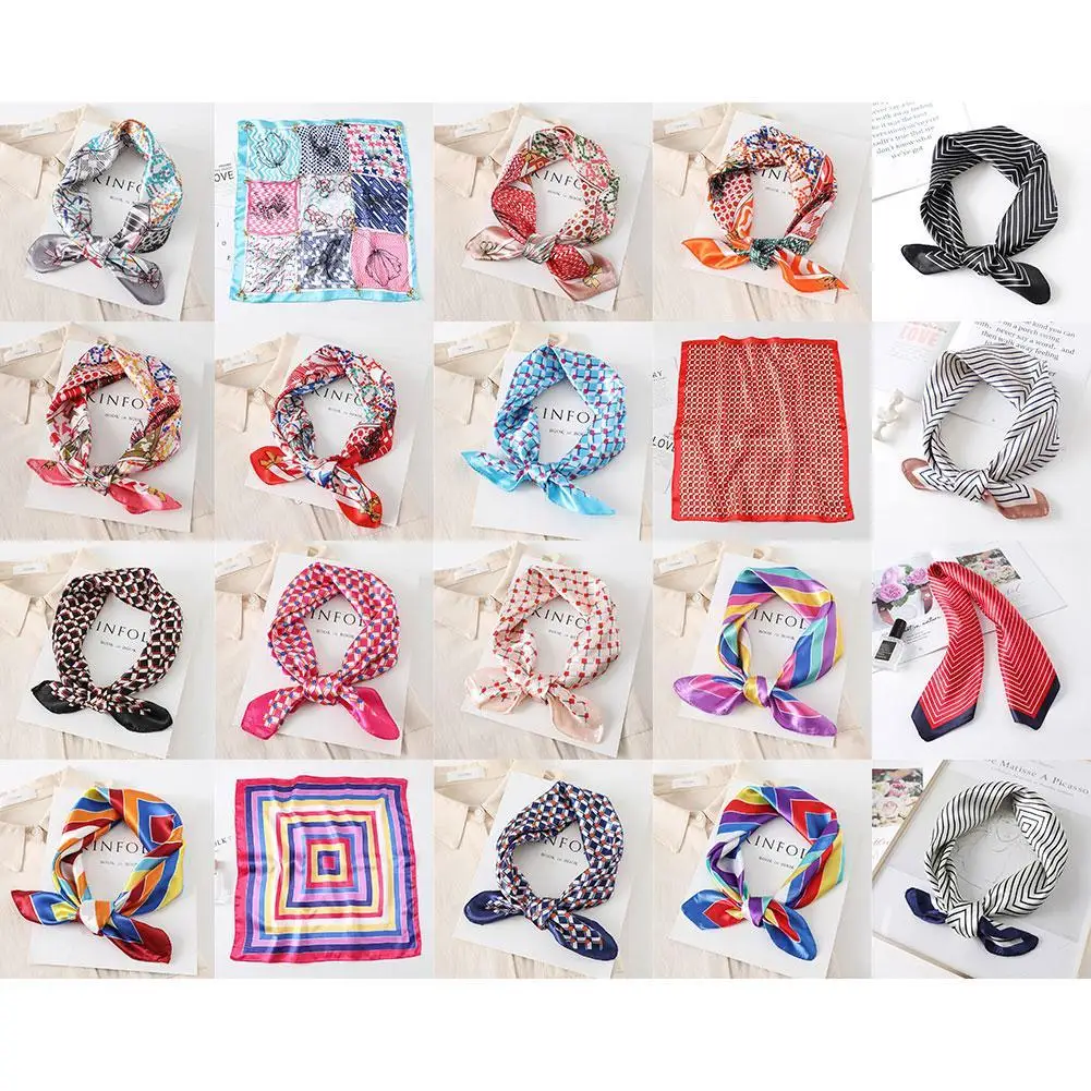 Атласный шейный платок в горошек маленький квадратный полоску с цветочным