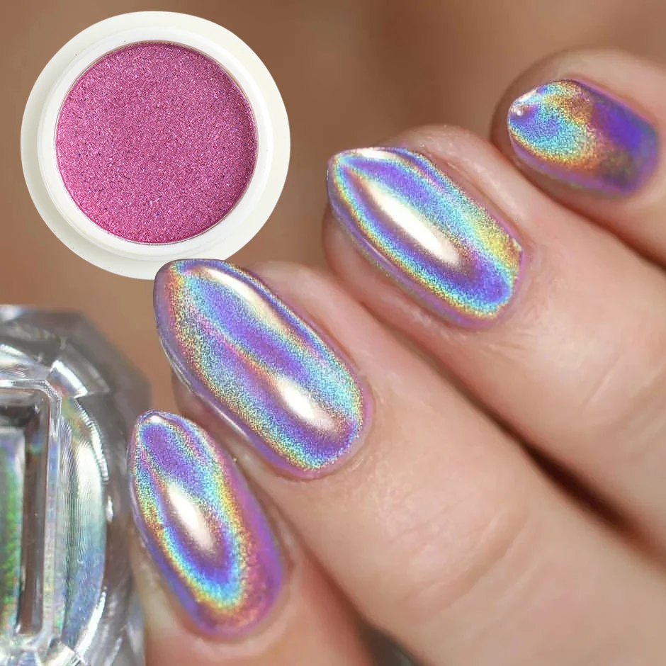 Голографические Твердые Ногти Блестящий Порошок Лазерный Серебристо-Розовый