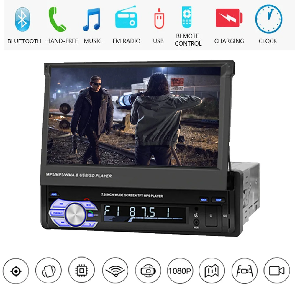 1Din 7 дюймовый выдвижной экран автомобильный мультимедийный плеер с радио GPS