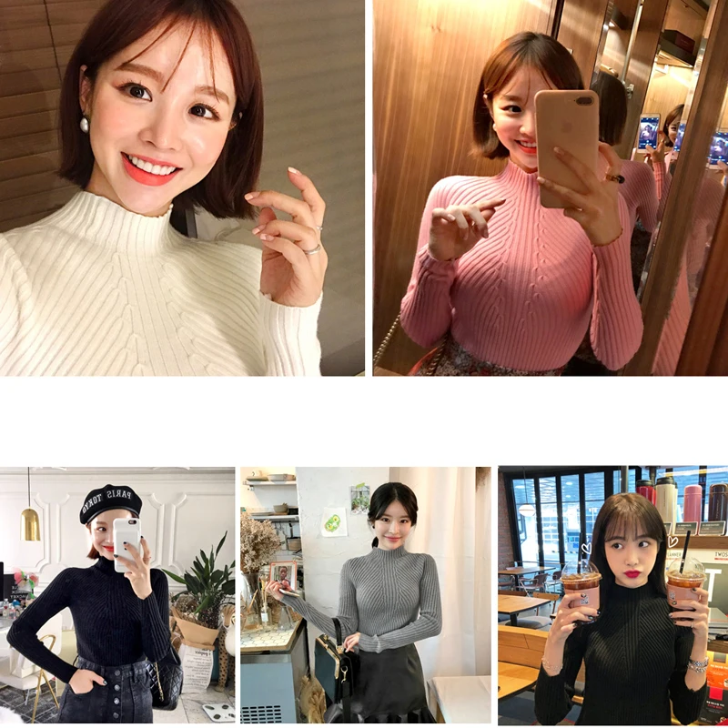 white balck Autumn Women lady sweater high elastic Solid Turtleneck women slim sexy tight Bottoming Knitted Pullovers | Женская одежда