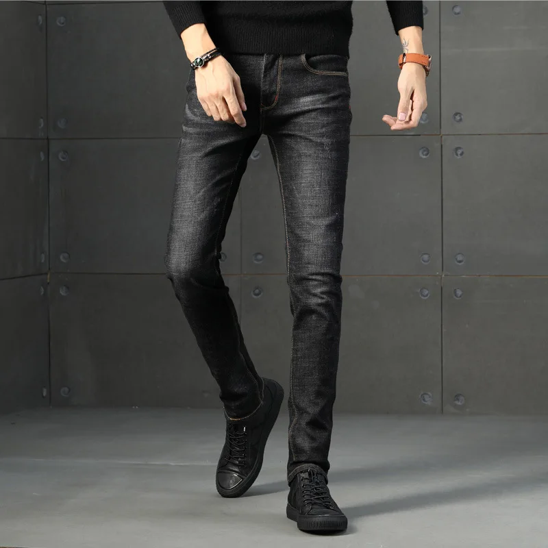 Business Casual Men Blue Jeans Stretch Slim Fit Denim Pants