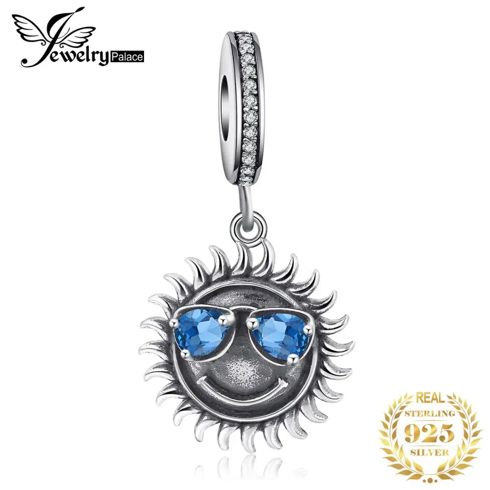

JewelryPalace Happy Summer Smile Blue Sunglasses Charm Bead fit Bracelet 925 Sterling Silver Charms Women Jewelry Making