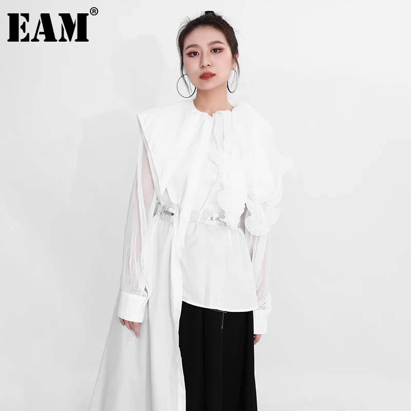 

[EAM] Women Green Ruffles Irregular Big Size Blouse New Lapel Long Sleeve Loose Fit Shirt Fashion Spring Autumn 2022 1DA21800