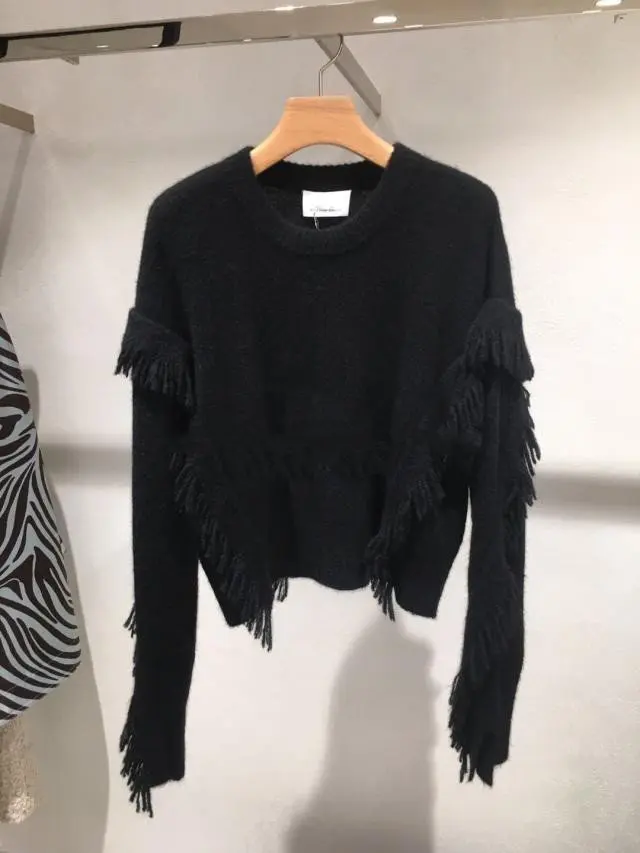 Осень Зима 2020 черный свитер новый с бахромой шерстяной пуловер из мохера