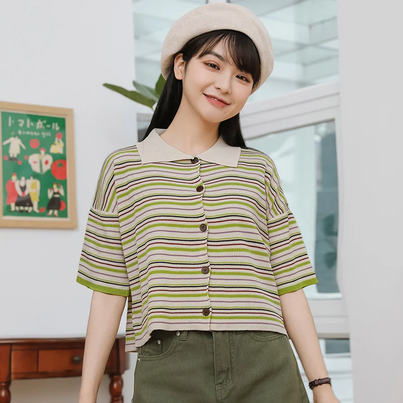

Chic Khaki 2021 Summer New Loose Polo Shirt Contrast Color Striped Short Sleeve T-shirt Female Ice Silk Sweater Hong Kong Style