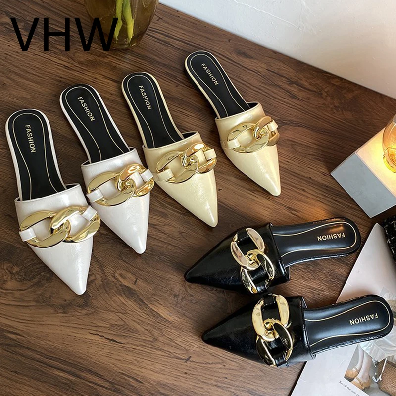 

Women Mules Shoes 2021 Summer Elegant Luxury Metal Decoration Sandals Fashion Leather Closed Pointed Toe Lightweight Slippers