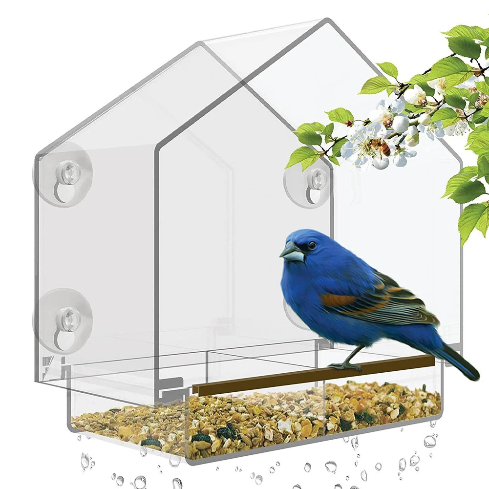 

Window Bird Feeder with 4 Suction Cups Transparent Hanging Bird House with Sliding Seed Tray Drain Holes Easy to Clean & Install
