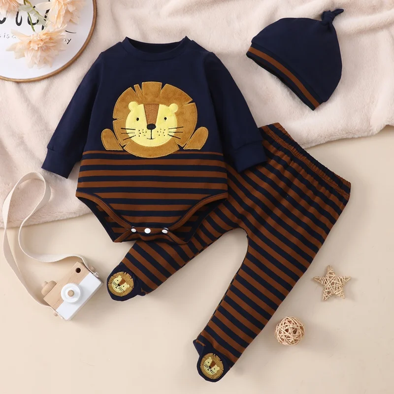 

Spring Fall Baby Boy Clothes Set 3 Pcs Sets Cartoon Lion Striped Long Sleeve Rompers+trousers+hat Cotton Baby Boy Outfit 0-18M