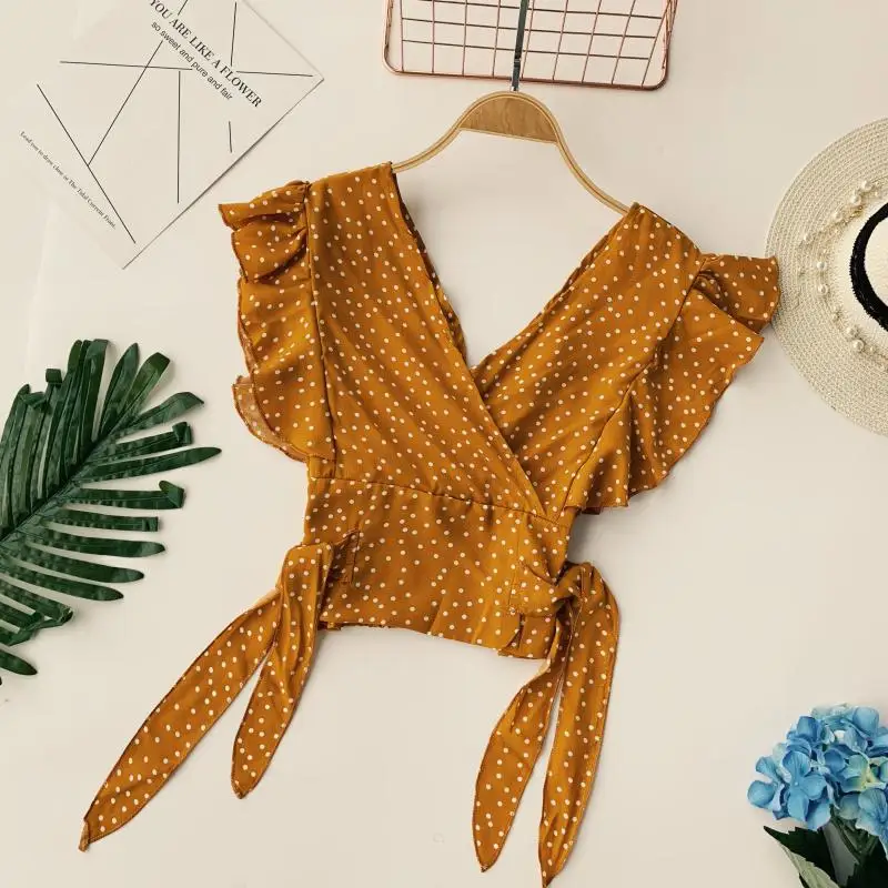 Милая плиссированная блузка в горошек с V образным вырезом короткие шифоновые