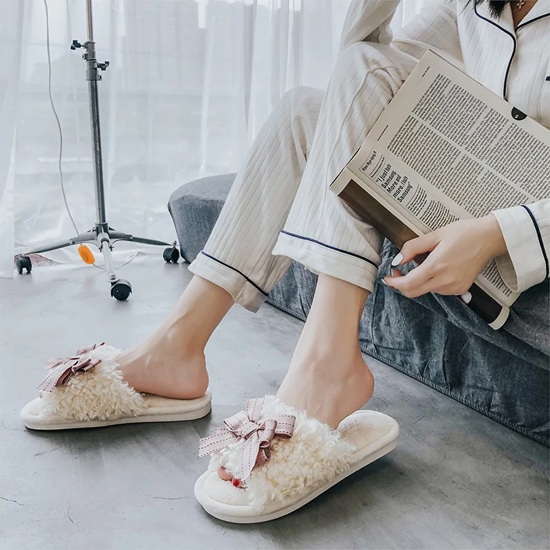 The new 2021 bowknot maomao sandals in the fall and winter of female household household antiskid warm indoor ms cotton slipp