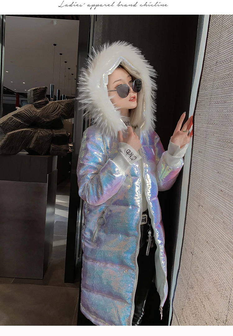 

Winter Thick Laser Sympony Hologram Long Coat Metallic Glitter Colorful Heavy Fur Hooded Jacket Cotton Blended