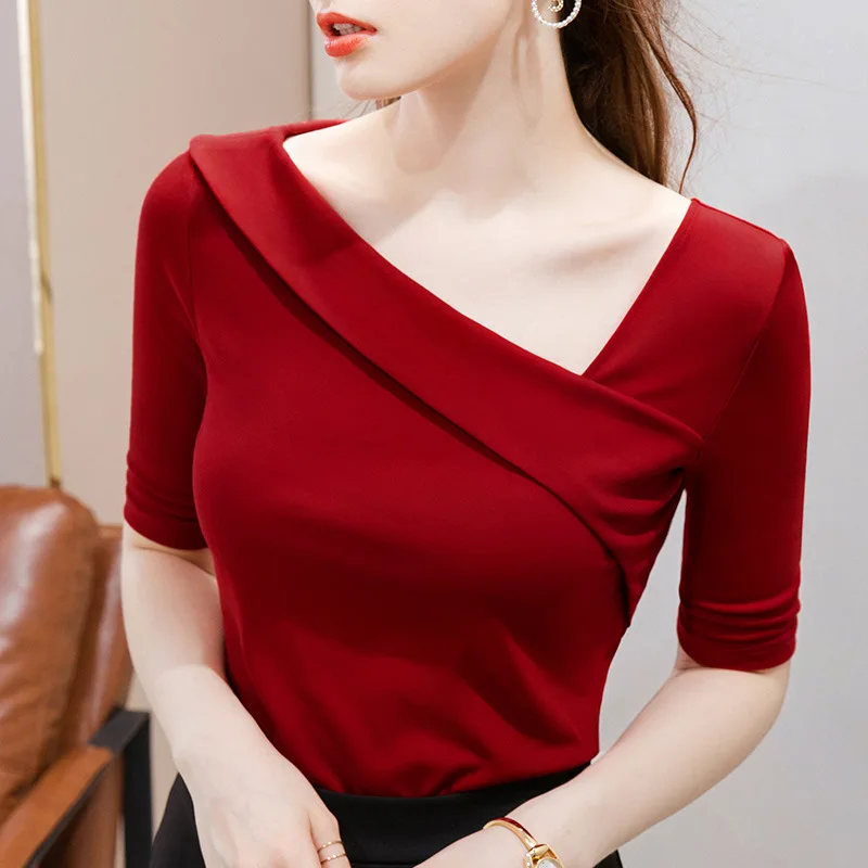 

Medium sleeve t-shirt female 2021 spring new cotton T-shirt foreign style small shirt 5 / 2 sleeve sexy exposed clavicle slant