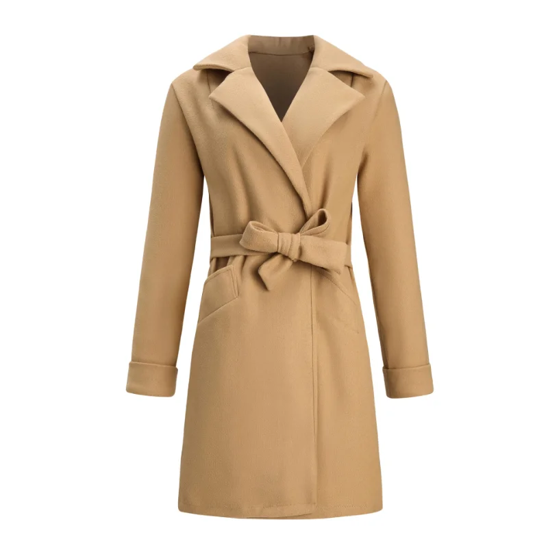 

Autumn Winter Women Elegant Long Wool Coat Female Belt Solid Color Long Sleeve Outerwear Lady Turn-down Mid-length Overcoat A06