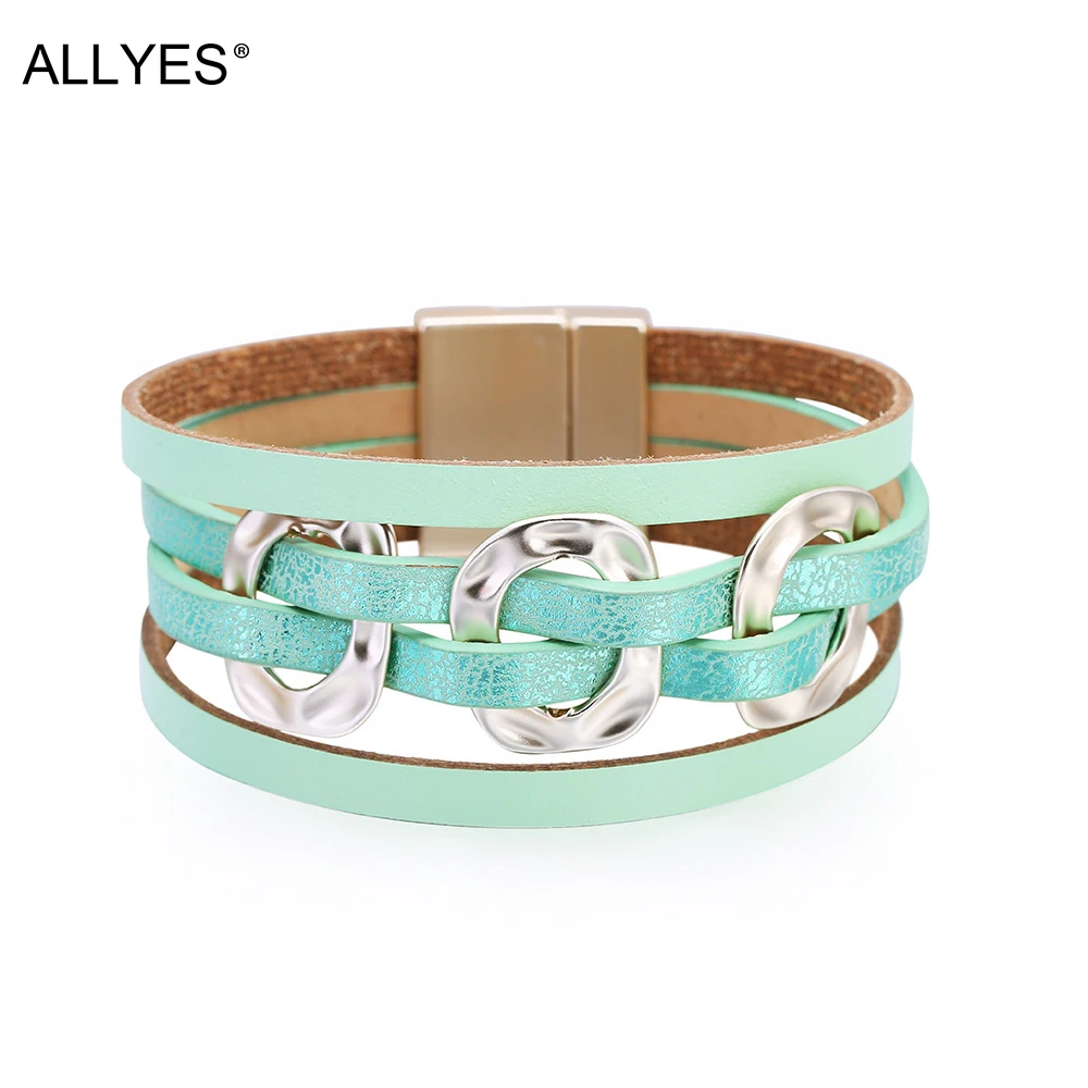 

ALLYES Bohemian Metal Round Charm Leather Bracelets for Women Multilayer Wrap Bracelet Bangle Casual Summer Jewelry