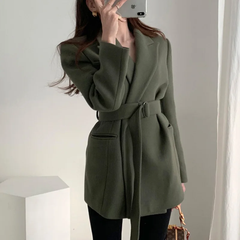 

New 2020 Autumn Winter Women Blazers Woolen Formal Jackets Outerwear Casual Lace Up Office Lady Wild No Quilted Tops Elegant