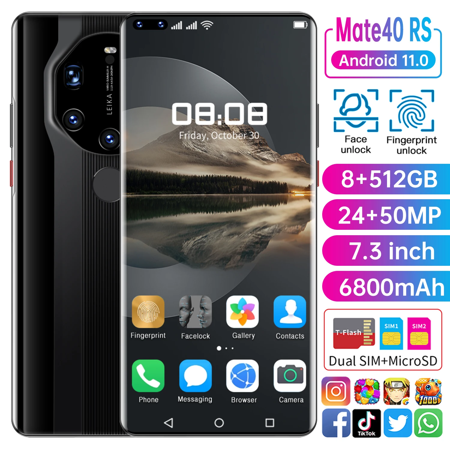 

Newest Galxy Mate40 RS Smartphone 24+50MP Camera 7.3 Inch HD 6800mAh Dual SIM Telefone 5G LTE 8 512GB Face Fingerprint ID Unlock