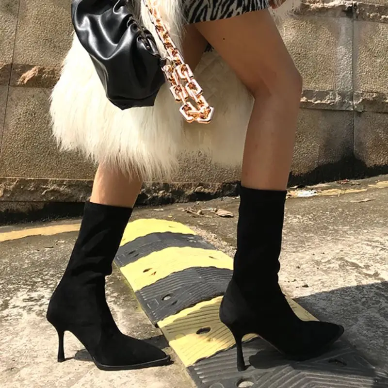 

KemeKiss Women Mid Calf Boots Thin High Heel Shoes Pointed Toe Stretch Flock Winter Warm Boots Women Fashion Footwear Size 33-40