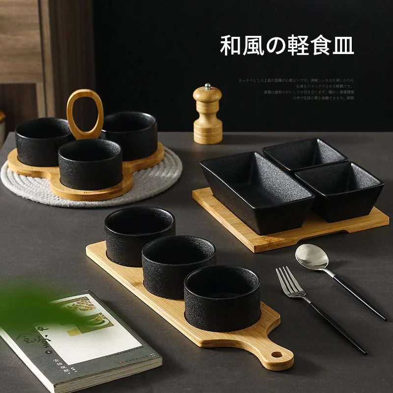 

Small Bowl Snack-Plate Compartment Household-Grid-Plate Ceramic Japanese Black Dried