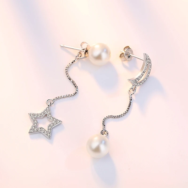 Женские асимметричные серьги-цепочки с Луной и звездой Серебристые серьги микро