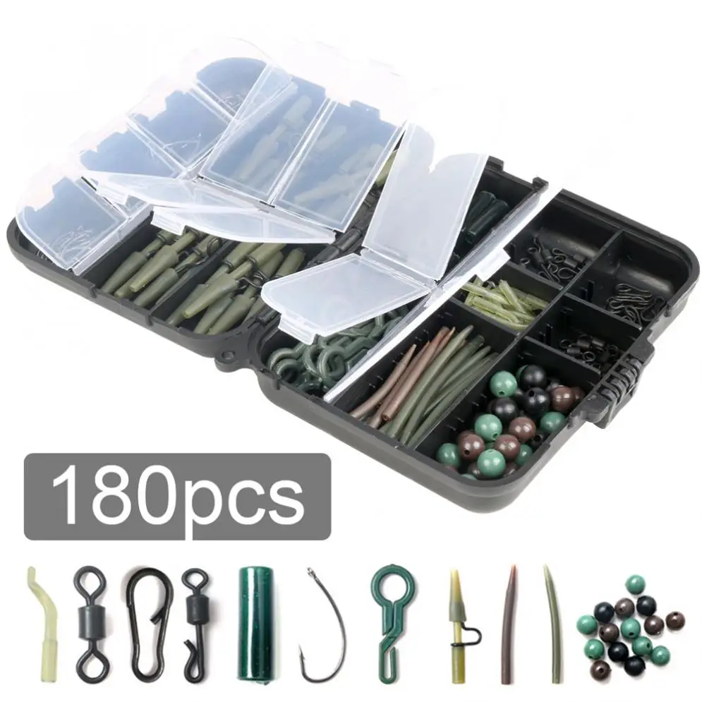 

180pcs Carp Fishing Accessories Kit Including Fishing Hooks Sleeve Tube Swivel Anti Tangle Sleeves Beans Reservoir Fishing Set