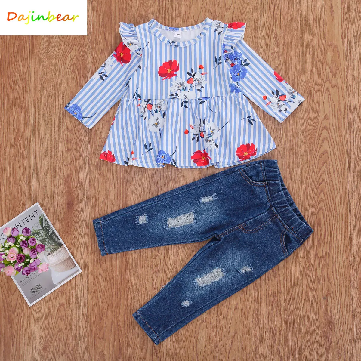 Футболка с оборками и длинным рукавом + рваные джинсовые брюки | Детская одежда