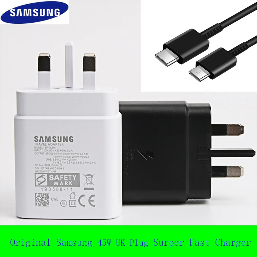 

Original Samsung 45W Super Fast Charger UK Quick Charger Adapter 1M Usb Type C PD Cable For Galaxy S21 S20 Ultra Note 10 20 Plus