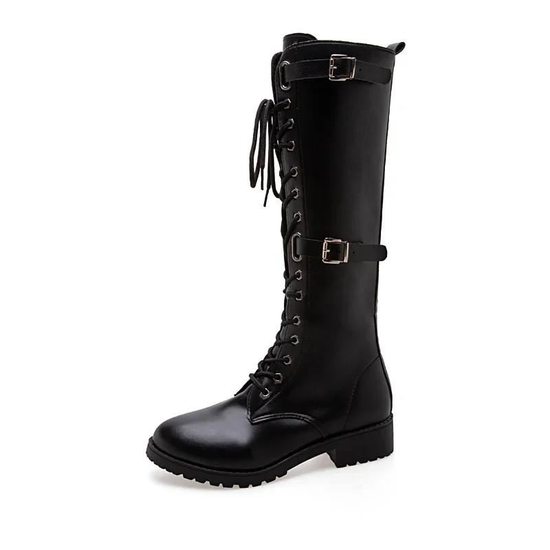 2019 Hot Sale Autumn Winter Lacing Knee High Boots Women Fashion Black Square Heel Woman Leather Shoes Large Size 35-40 | Обувь