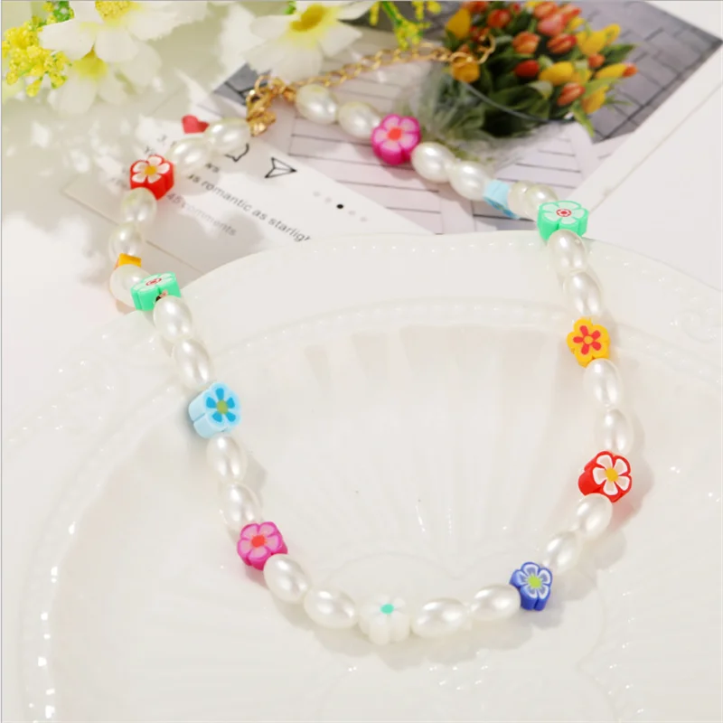 

2021 Jewelry Gifts Women Imitation Pearl Rubber Flower Necklace