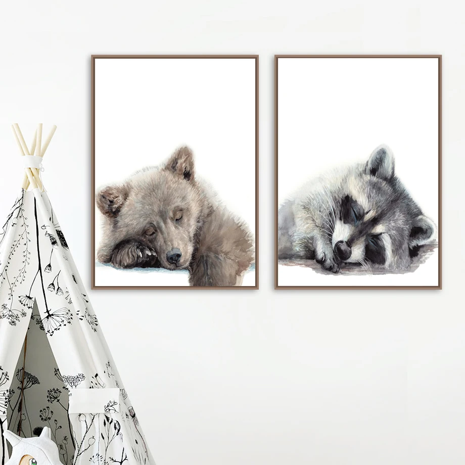 Милый медведь лиса олень енот Детская настенная живопись холст скандинавские