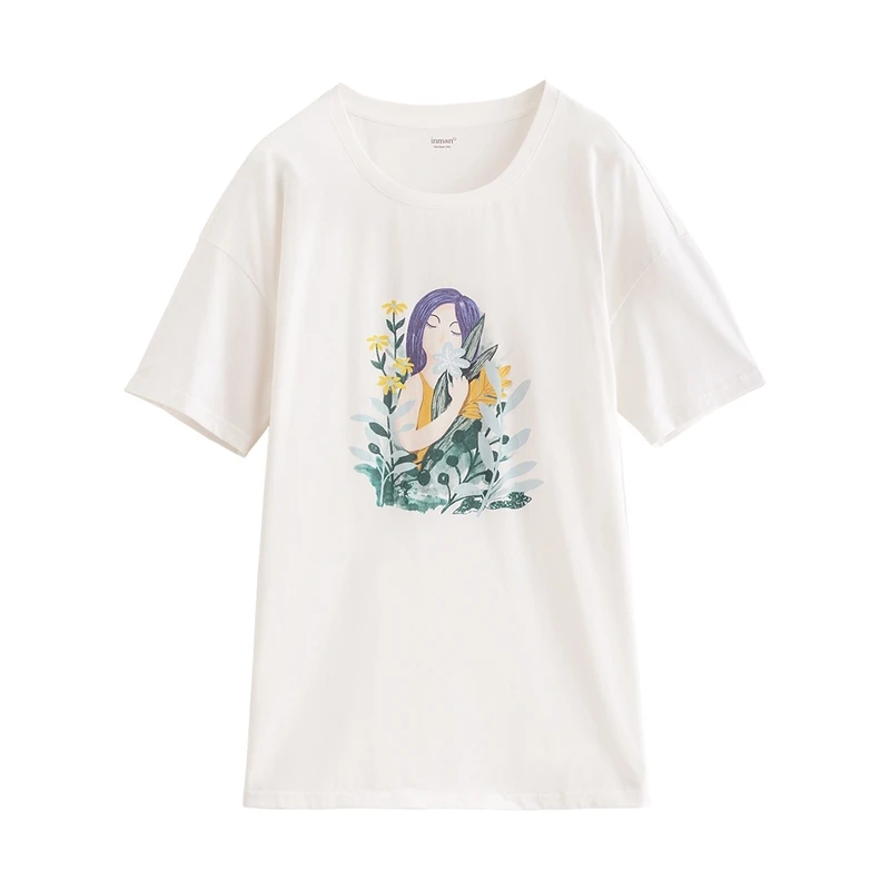 

INMAN Summer White T-Shirt Fairy-Tale Girl Print Pattern O-Neck Short Sleeve Cotton Tops