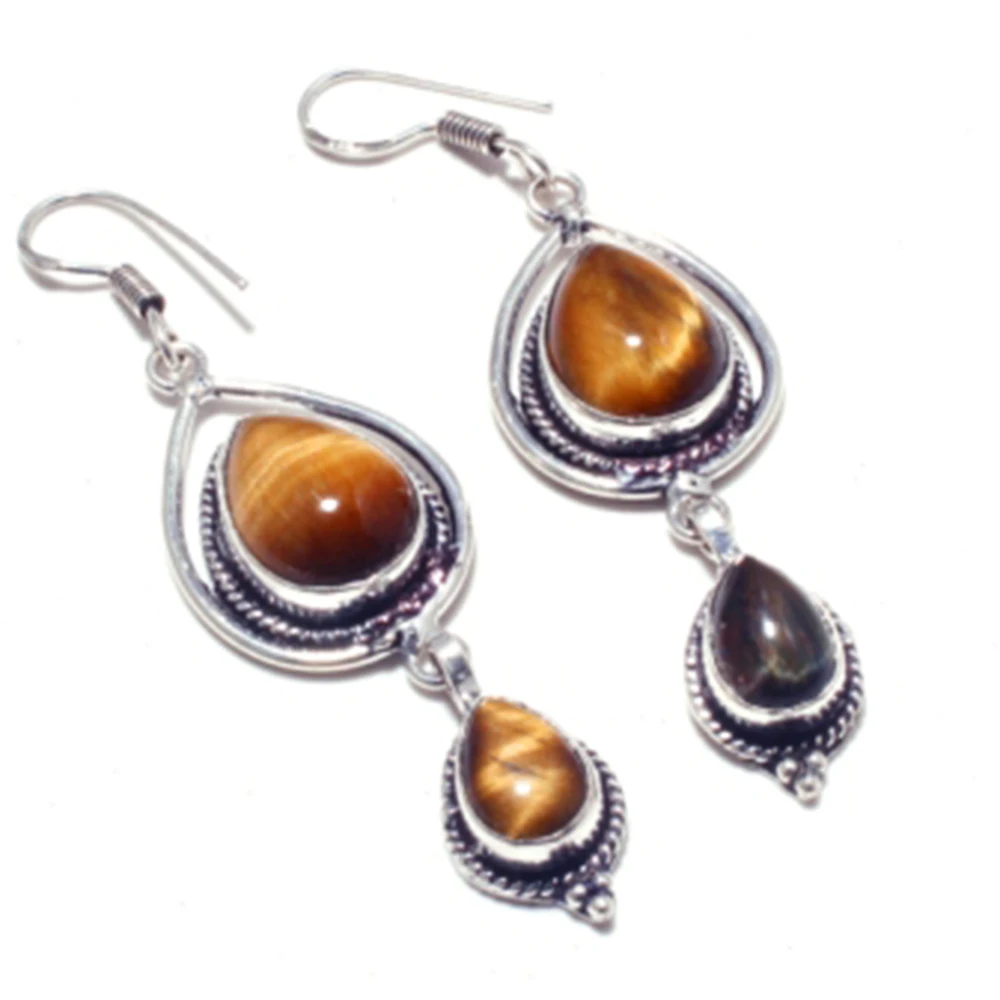Медные серьги с серебряным покрытием тигровый глаз 70 мм E4728 | Украшения и