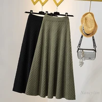 large size knitted skirt women spring and autumn new slimming elastic waist a line mid length umbrella skirts femme green