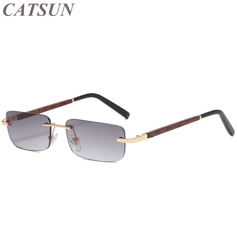 

2021 New Versatile Small Square Frameless Retro Women's Sunglasses Fashion Trend Wood Grain Leg Temperament Art Glasses