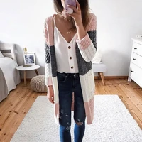 autumn winter womens clothing long sleeve patchwork color knitted cardigan sweater female casual streetwear cardigan coat