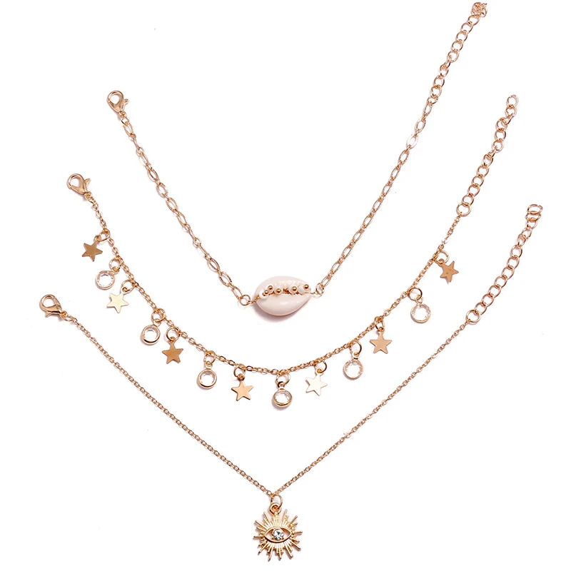 3 Pcs/Set Retro Women Anklets Eyes Sun Flower Shell Beads Stars Crystal Tassel Pendant Gold Anklet Barefoot Beach Party Jewelry | Украшения