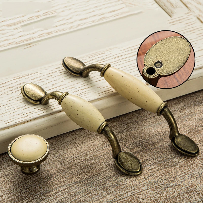 2 pcs Beige Ceramic Door Handles Antique Furniture Knobs Kitchen Cabinet Cupboards Drawer Pulls Concise