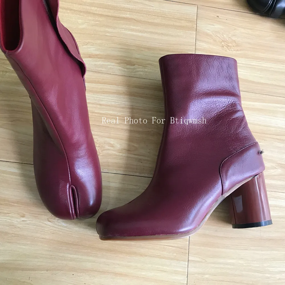 2019 Split Toe Ankle Boots Woman Black Red White Cow Leather Chunky High Heels Fashion Short | Обувь