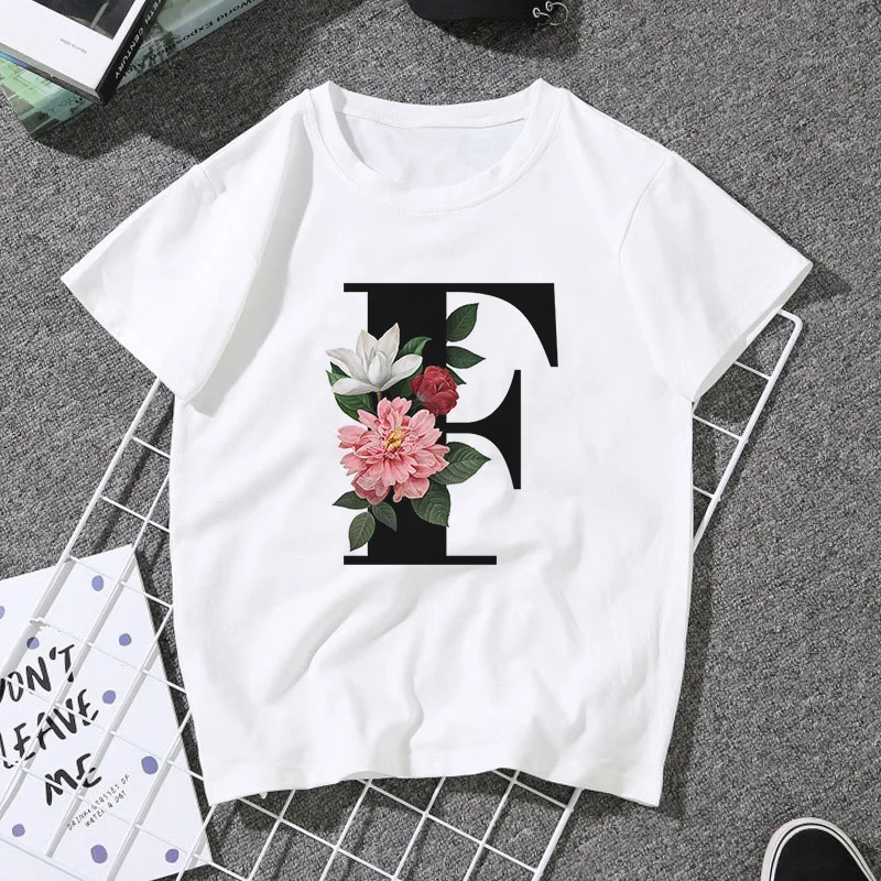 

Custom name letter combination women's High quality printing T-shirt Flower letter Font A B C D E F G Short sleeve Clothes