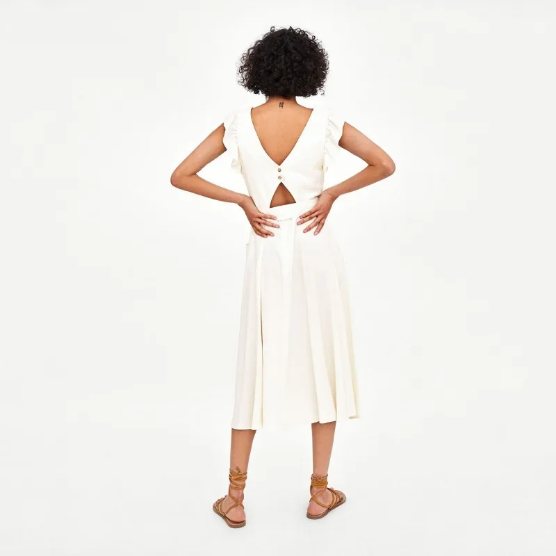 Elegant Ruffled White Dress Women Sleeveless Backless Bow Midi Summer Pocket Casual Sexy V-Neck Beach 2020 Vestido | Женская одежда