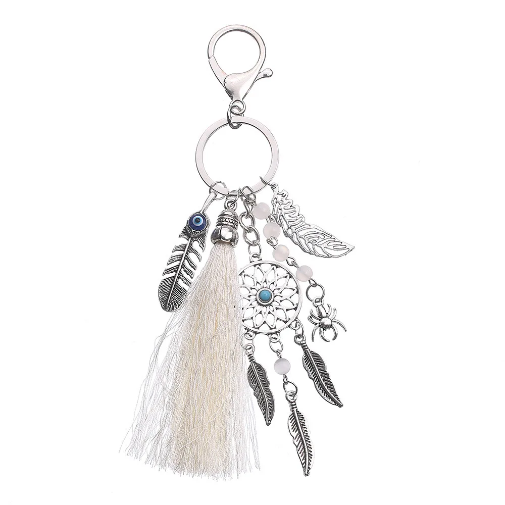 

Handmade Natural Stone Keychain Dream Catcher Keyring Tassels Feather Keychain Women Silver Boho Jewelry Keychain Gift for Women