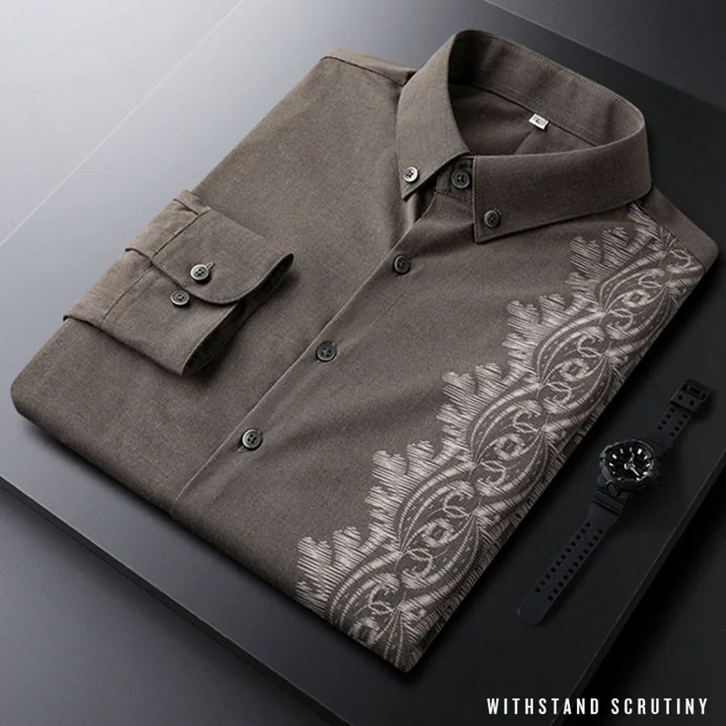 Light luxury personalized printing men's shirt long-sleeved slim fit handsome 2021 new handsome non-iron inch shirt