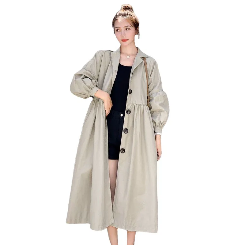 

Lantern Sleeve Overcoat 2021Spring Long Trench Coat Women Single-Breasted Slim Khaki Coat Female Outwear Fashion Windbreaker Fop