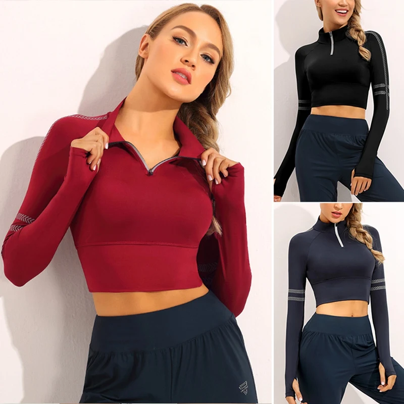 

Women's Zipper Slim Sports Running Fitness Clothes Stretch Tight Navel Long Sleeve Quick Dry Tops