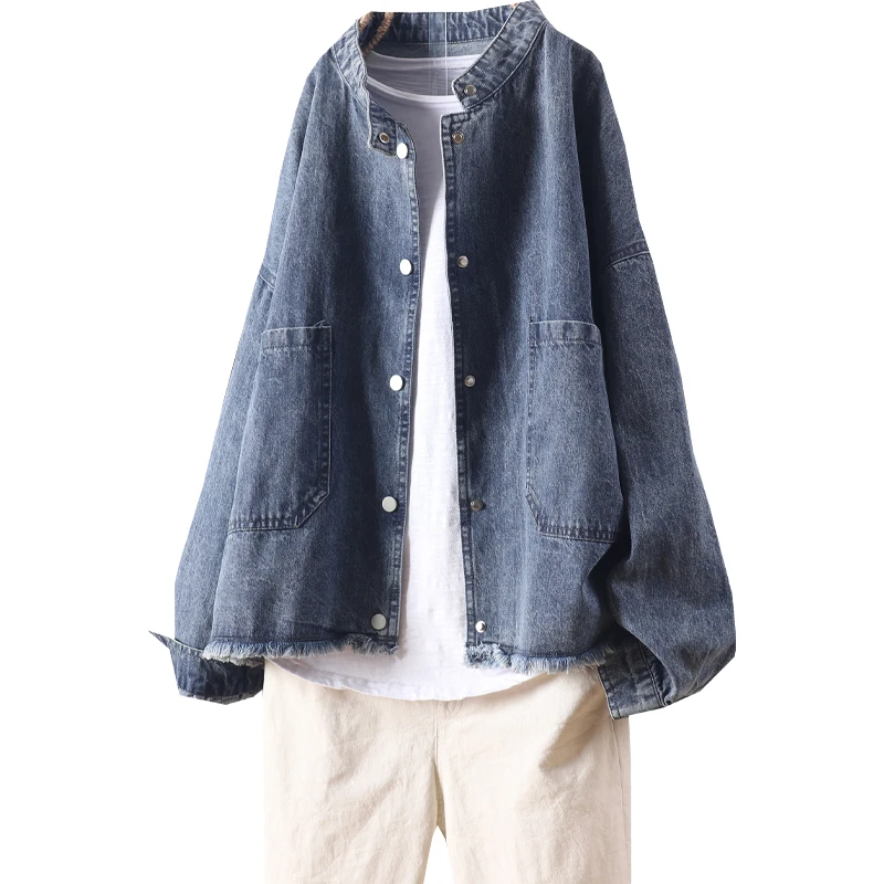 

Catkins autumn new loose and versatile solid color stand collar button down casual long sleeve Denim Jacket Women's fur Baseball