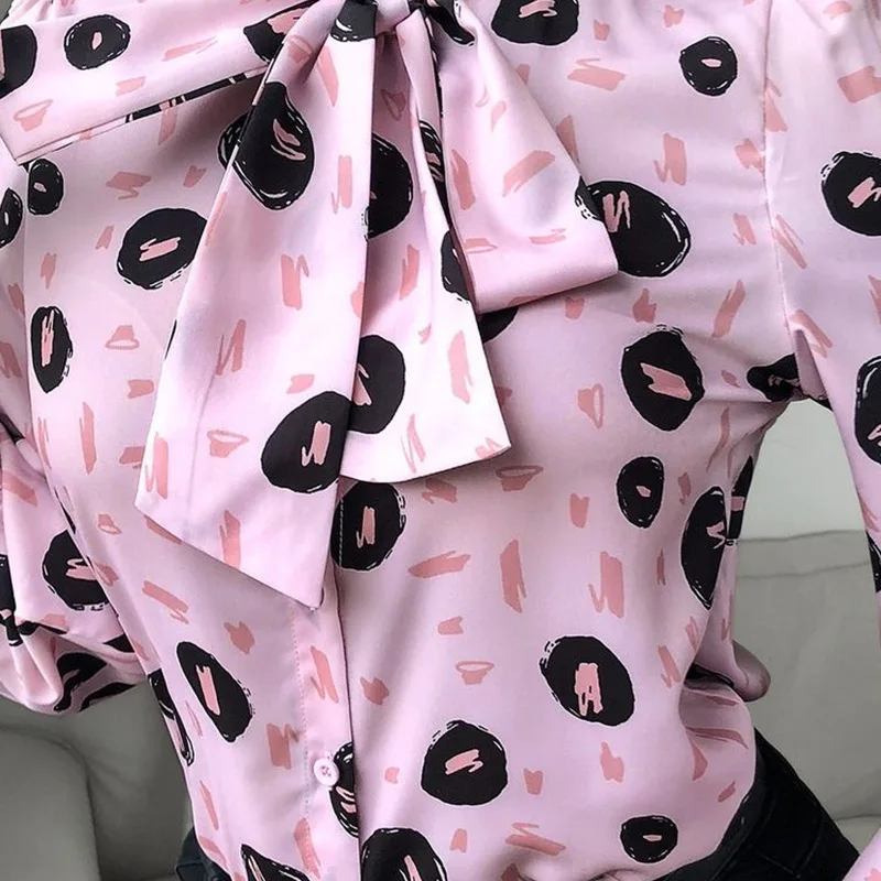 

New Fashion Autumn Winter Long Sleeve Bowknot Collar printed women casual Blouse Shirt