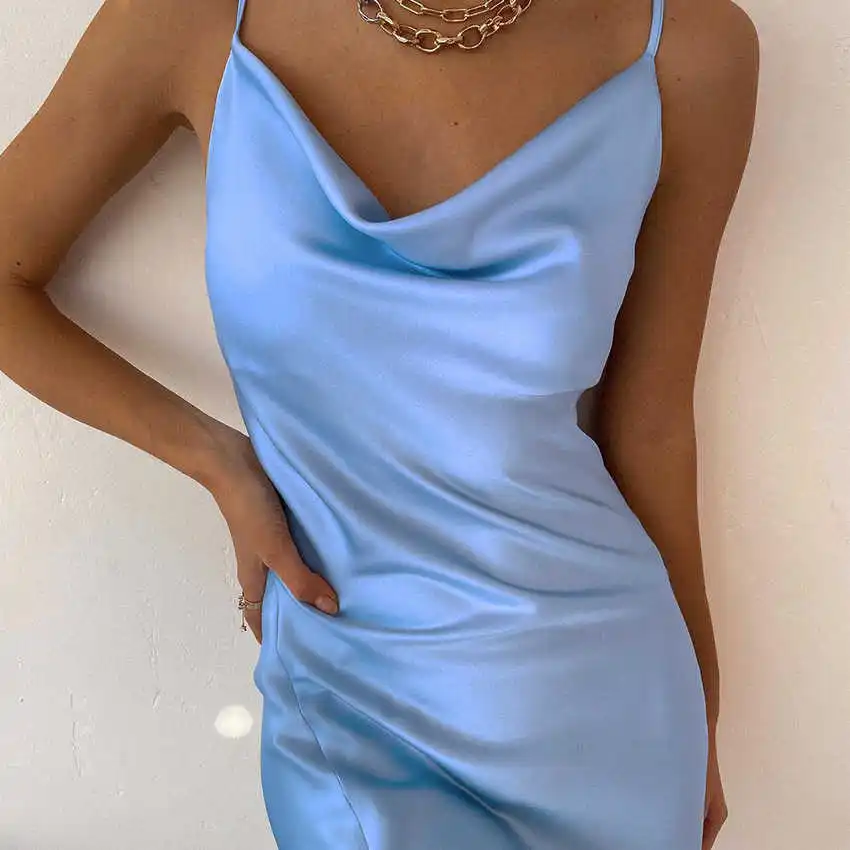 

Women Elegant Satin Sling Split Long Dress Pile Collar Solid Color A Line Party Dress Fashion Streetwear Sexy 2021 Summer Dress