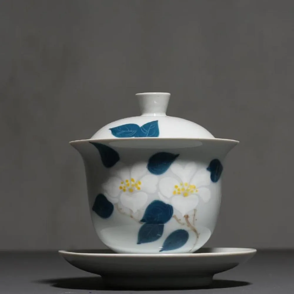 

155ml Hand Painted Camellia Porcelain Gaiwan Ceramic Tea Bowl Kung Fu Tea Set Tea Cup Household Drinkware Teaware Teapot Decor